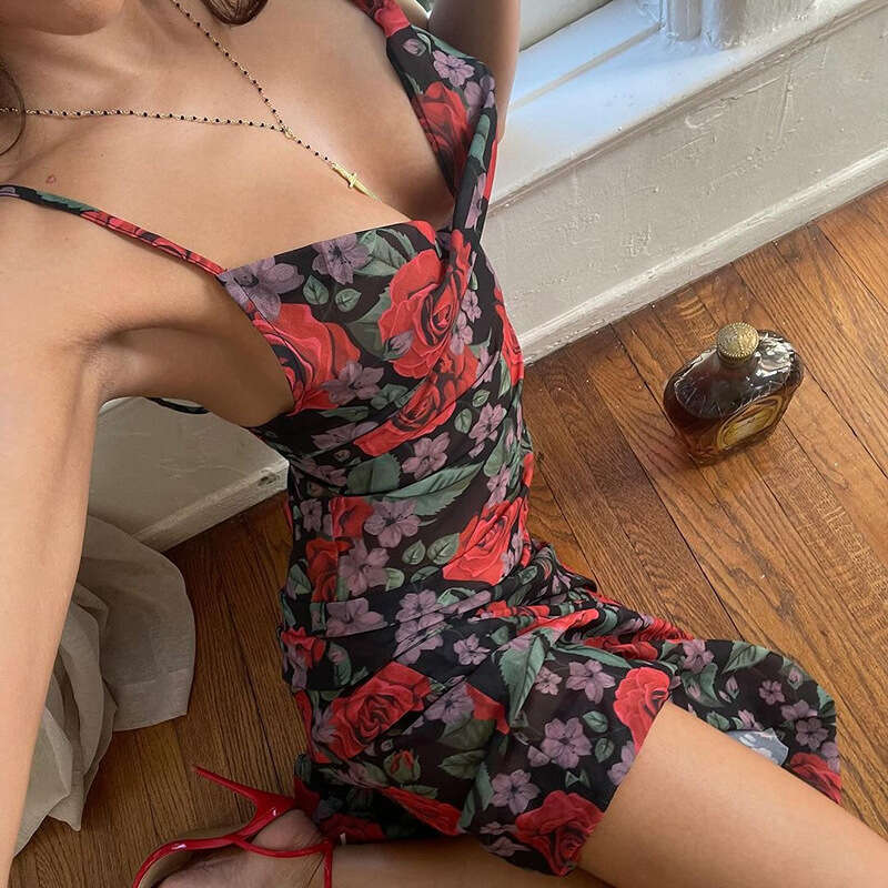 Sheath Dress Summer Ins Fashion New Style Sexy V Neck Temperament Versatile Slimming Long Printed Strap Dress For Women Summer Dress