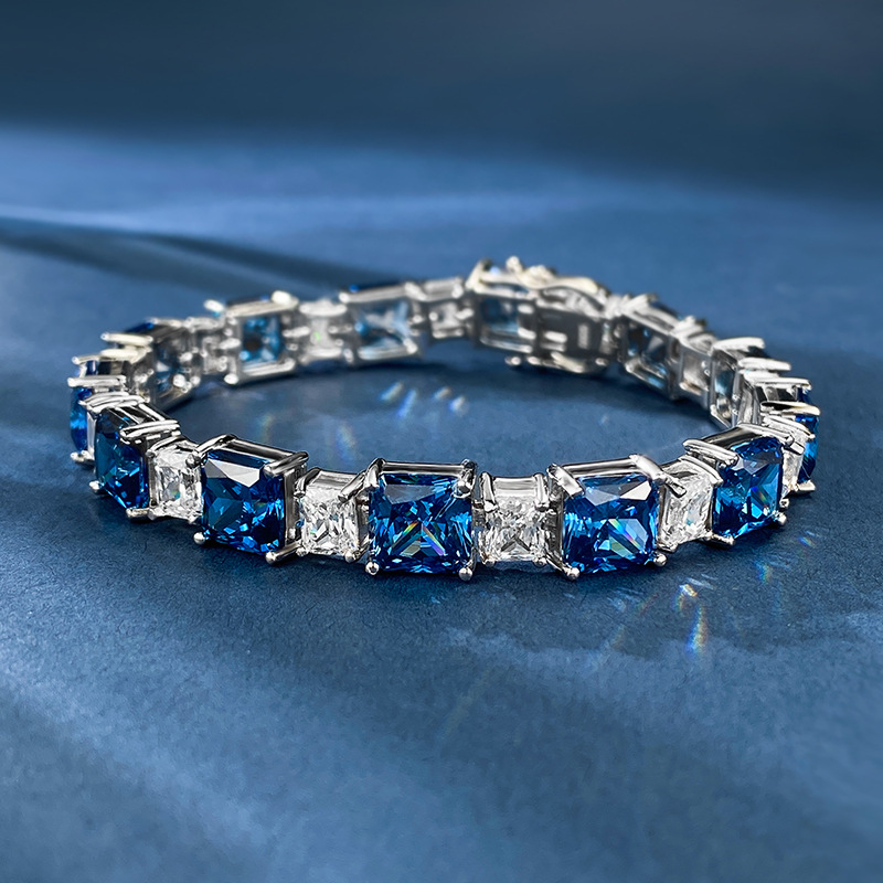 New 925 Sterling Silver Fashion Blue Simulated Diamond Bracelet for Women Elegant Ice Flower Design Luxury Gift Choice