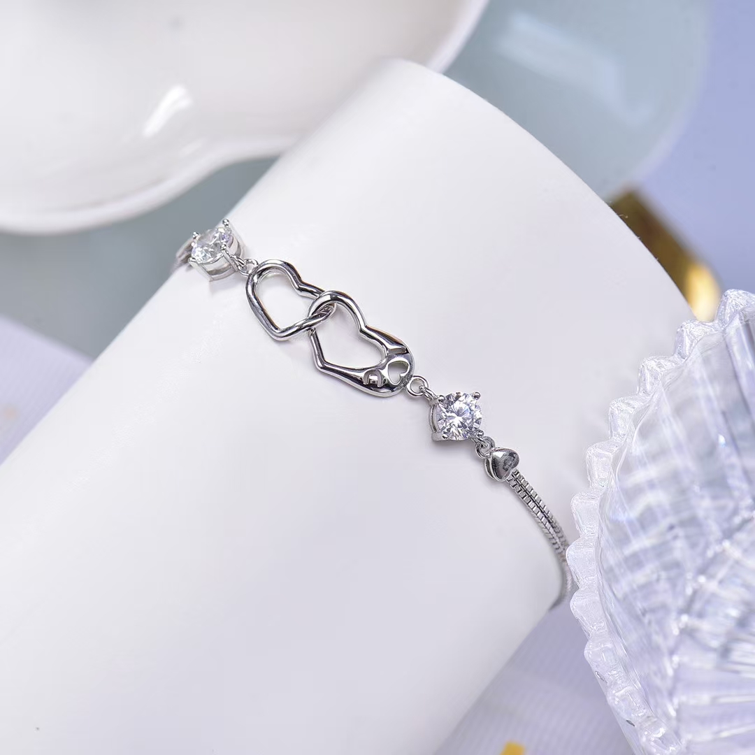 Heart-to-Heart Pure Silver Moissanite Bracelet Ideal for Valentine's Day or Daily Surprises In Stock Now