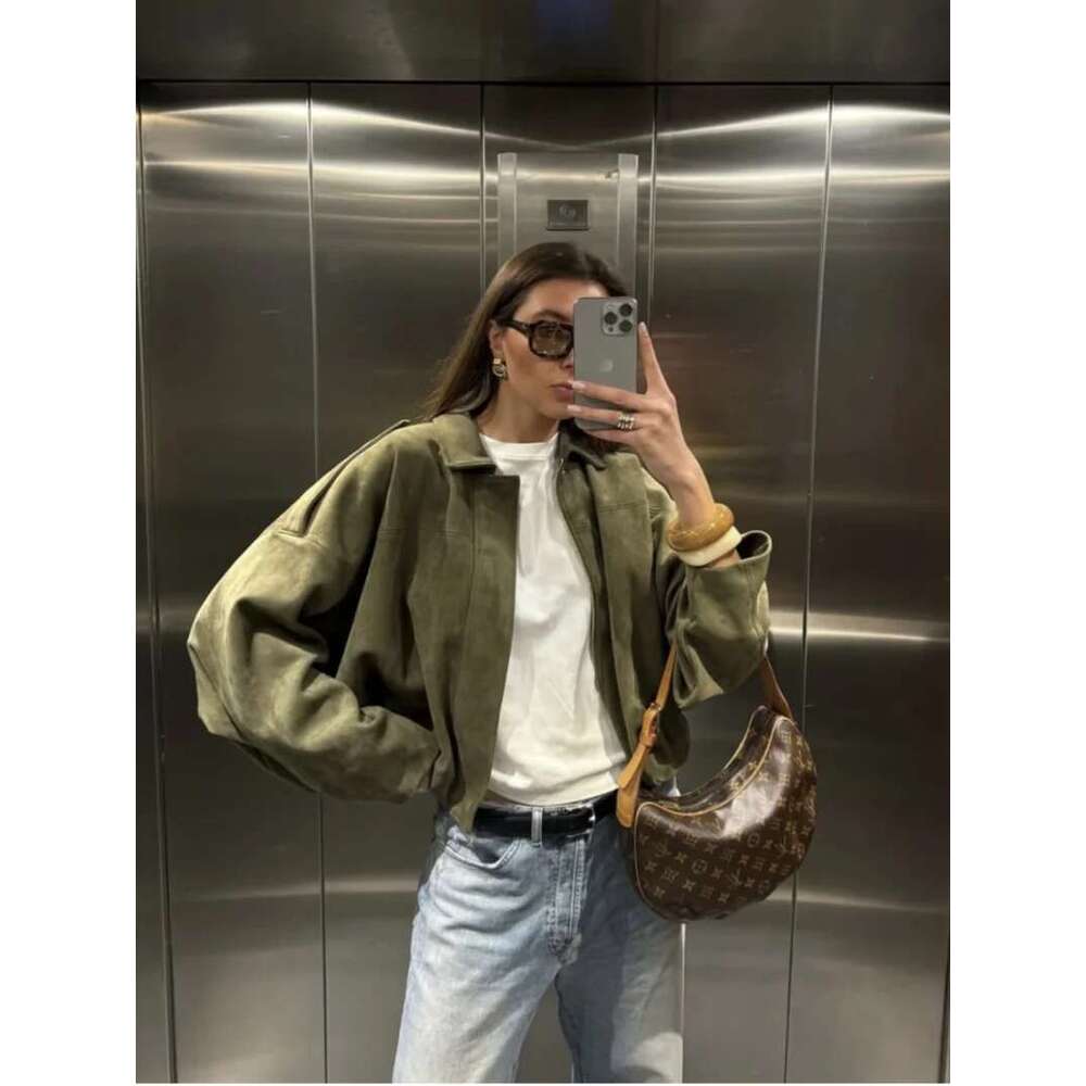 ETJ 2025 TRAF Spring New Women's Suede Texture Effect Loose Version Of Fashion Lapel Shoulder Bomber Jacket Designer