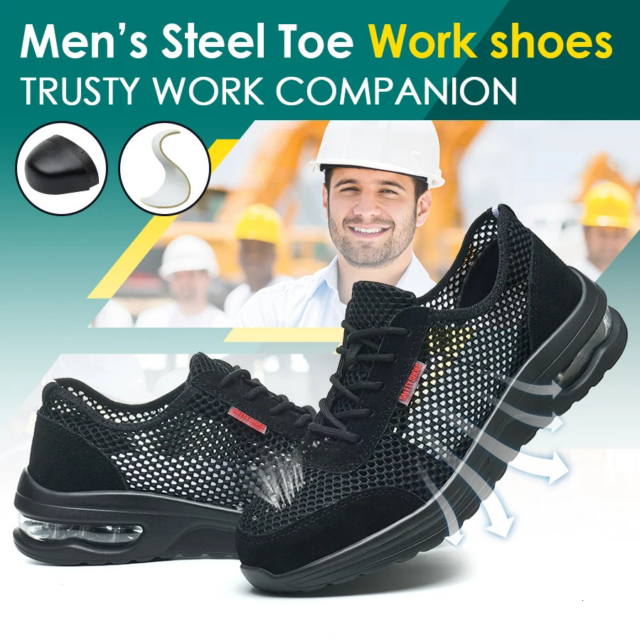 Mens Summer Steel Toe Safety Shoes Anti-Crush And Piercing Breathable Lightweight Outdoor Pure Black Shoes 250519