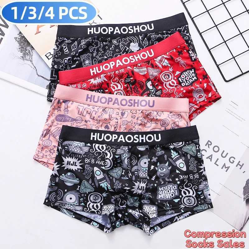 1/3/4PCS Sexy Men Boxers Underwear Satin Silky Underpants Funny Printed Short Low Rise Soft Panties Casual Skin Friendly Panties J250516