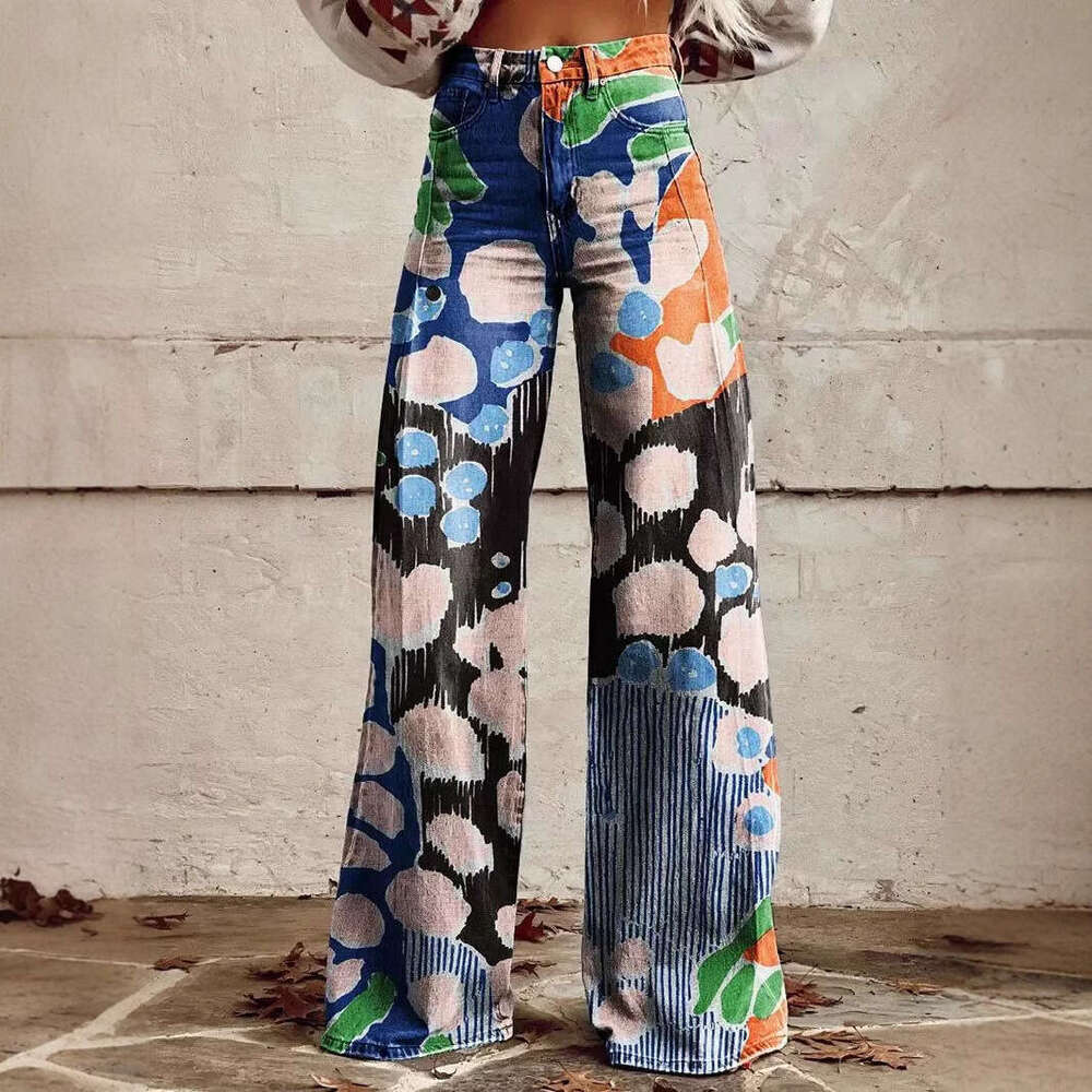 2025 Trendy High-Waisted Wide-Leg Jeans for Women - Printed Stretch Casual Style