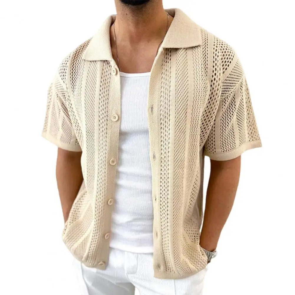 Summer Thin Knit Men s Shirt With Short Sleeves And Hollowed Out Cardigans European American Muscle Clothing Top 250520