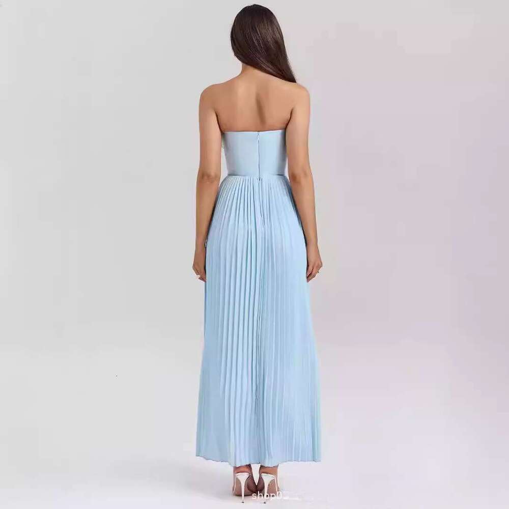 2025 Summer New Product: Sky Blue strapless slimming pleated tight fitting dress. Wholesale of Dress temperament, versatile new trendy clothing. Ins
