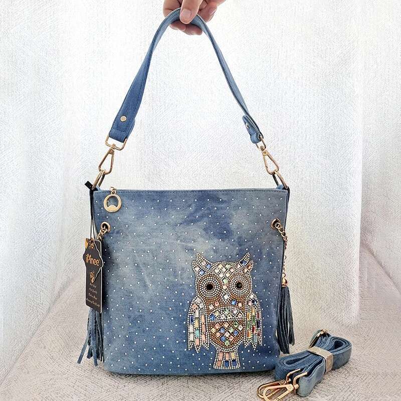 Ipinee Dia Inlaid Multicolored Owl One Shoulder Messenger Small Fresh Denim Rivet Portable Bucket Bag