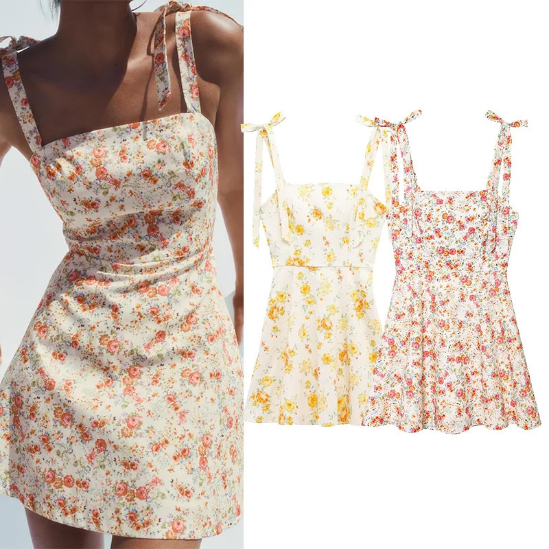 TRAF Women Floral Print Short Dress With Bow Sexy Backless Sleeveless Beach Style Womens Wave style Hem Female Dresses 250520