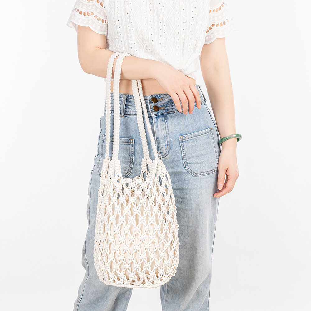 Cotton Thread Hand Woven Bag for Womens Beach Big Bag New Summer Vacation Beach Bucket Shoulder Bag for Women