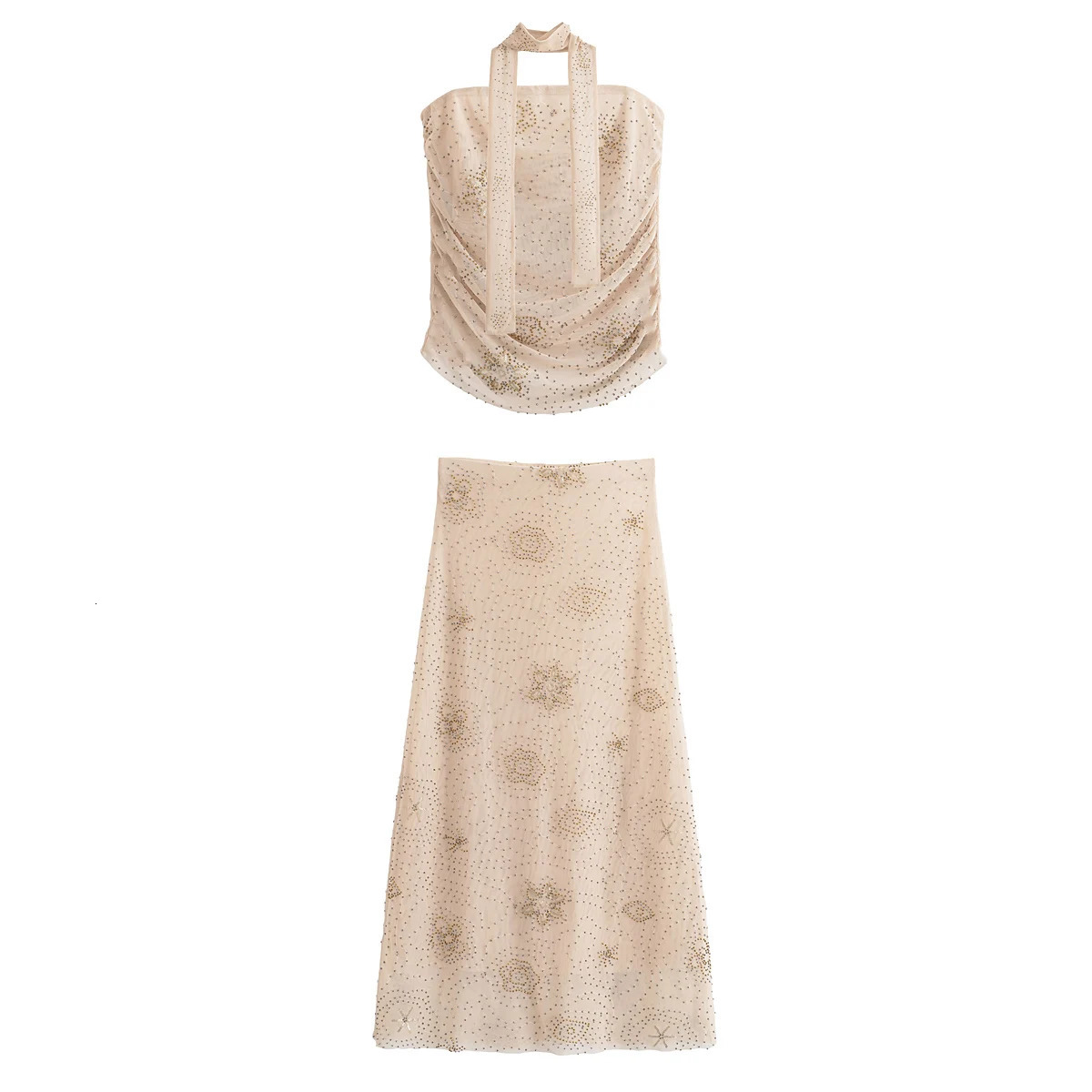 European and American girl mesh twopiece sexy slimfit beaded tube top vest with highwaisted skirt 250520