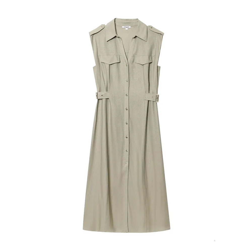 Khaki Brown Two Color Turn Down Collar V Neck Sleeveless Single Breasted Women Comfortable Long Dress ZATAF Spring 250520