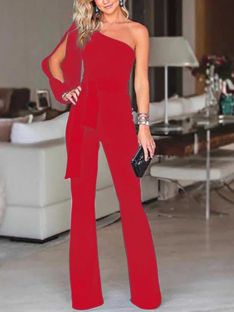 Summer Womens High Waist Tie Up Solid Color Slim Fit Sexy Jumpsuit Slant Shoulder Elegant Banquet Womens Wear 250520
