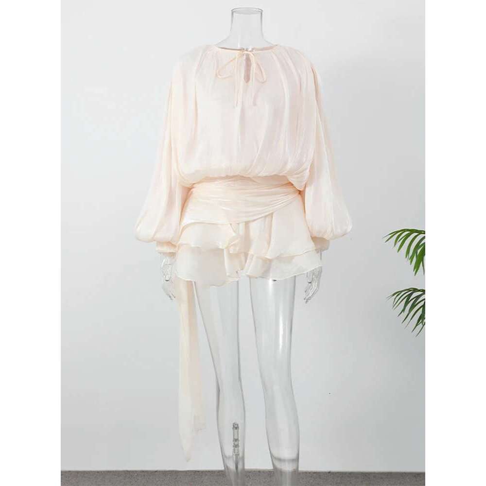Fashion Women's Ruffles Short Dress Elegant Round Neck Lace Up Lantern Long Sleeve Mini Vestido Chic Female 2025 Solid Dresses Designer