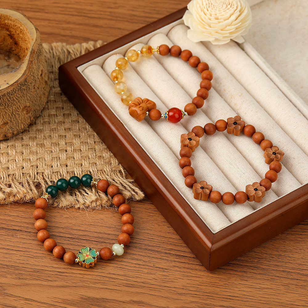 Natural Sandalwood Hand String, New Chinese Wooden Cultural and Artistic Bracelet, Temple Scenic Area, Same gender Peach Blossom Wood Bracelet