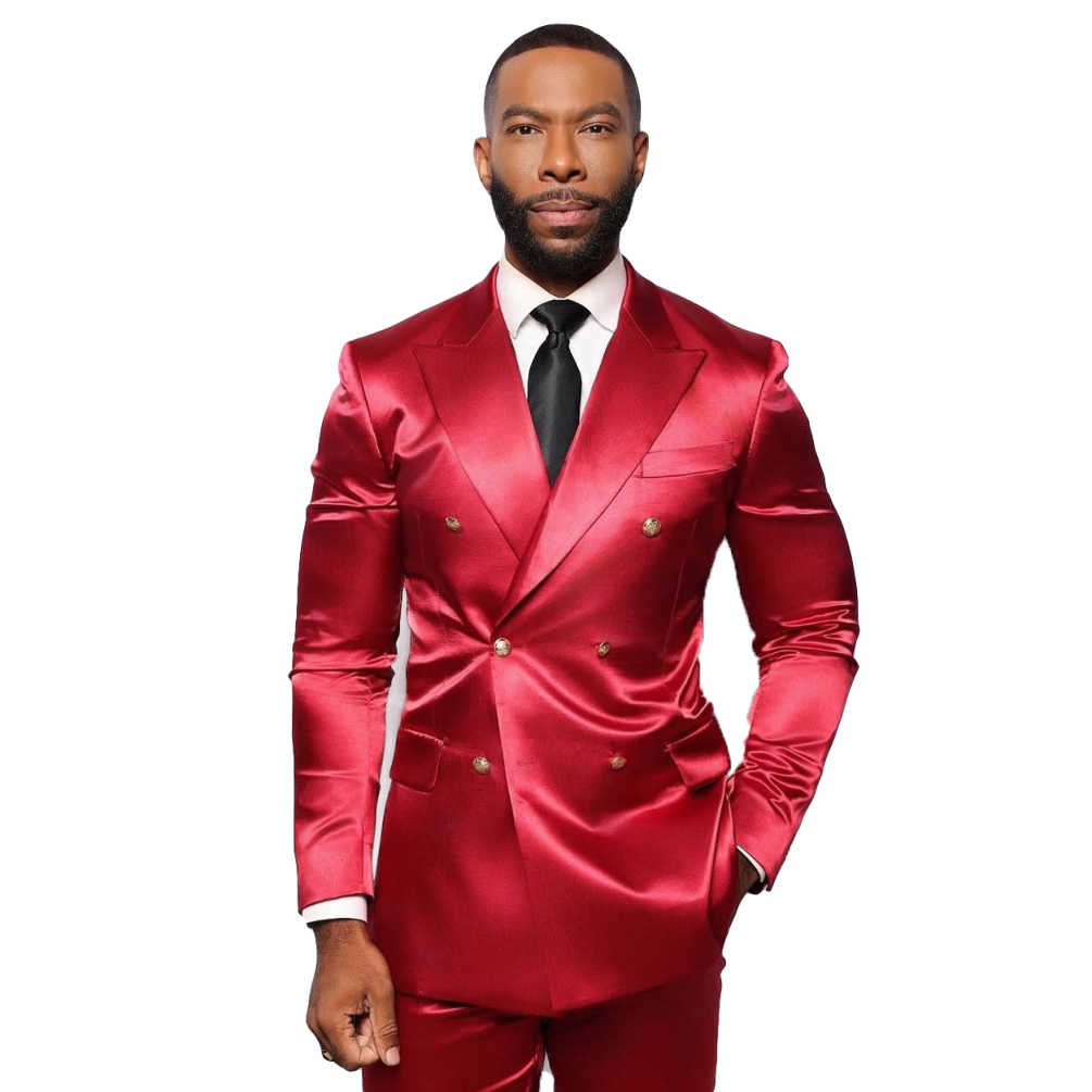 Bright Red Wedding Tuxedos 2 Piece Set Jacket Pants Double Breasted Men Suit Handsome Groom Wear Party Suits Customized