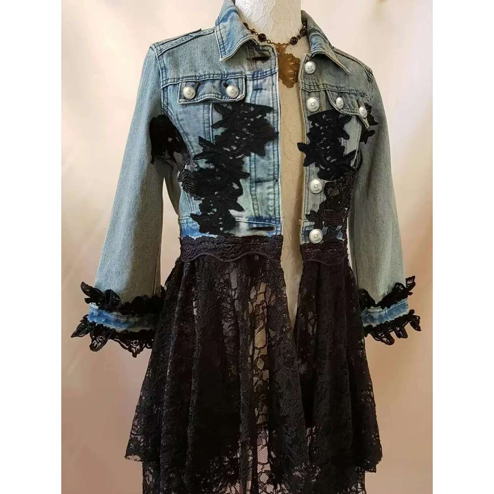 Lapel Women Lace Hook Flower Hollow Out Patchwork Frayed Edges Hole Denim Jacket Autumn Streetwear Jean Coat 2024