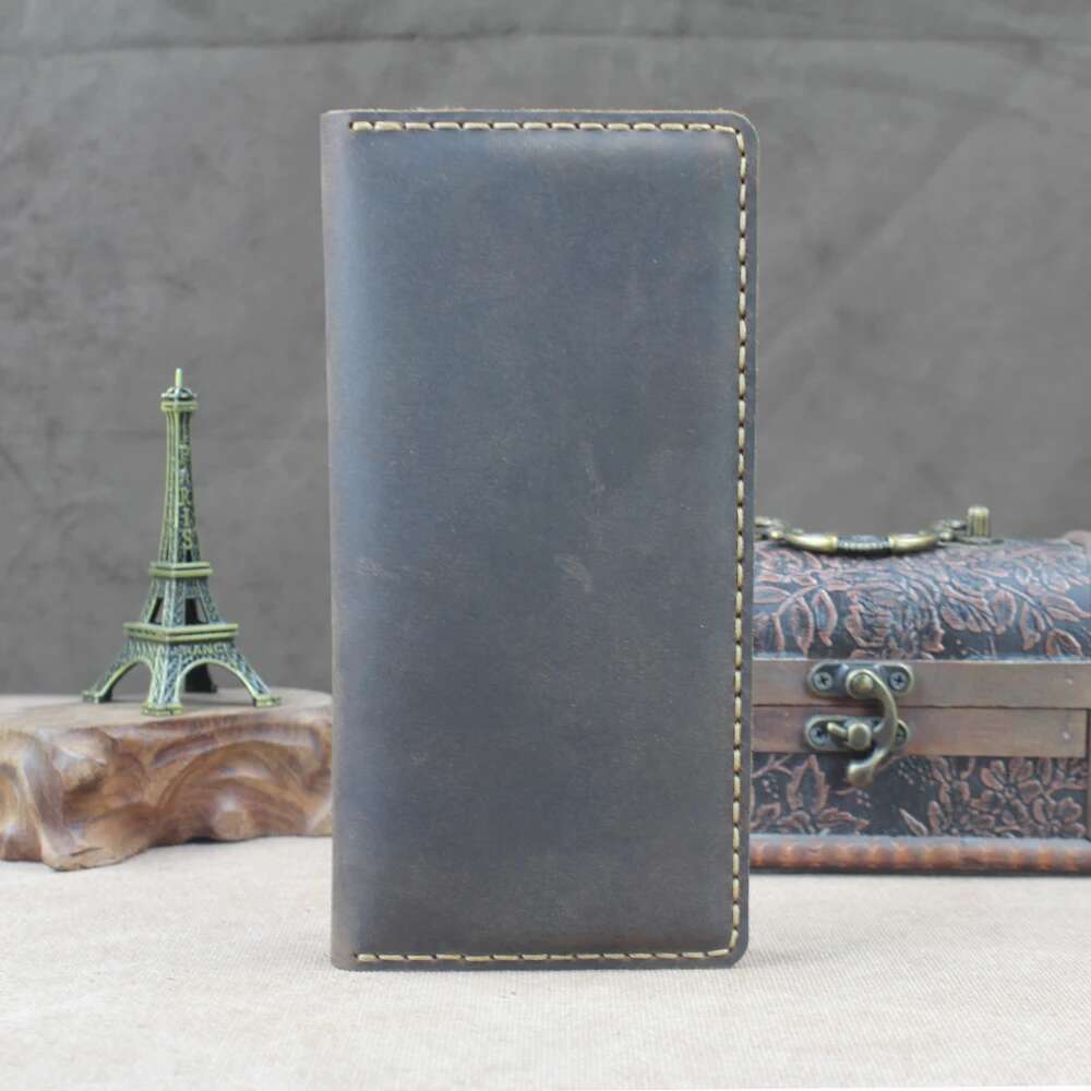 High Class Handmade Crazy Horse Genuine Leather Long Men Purse Bifold Clutch Wallet Male Money Clips Bag with Phone case