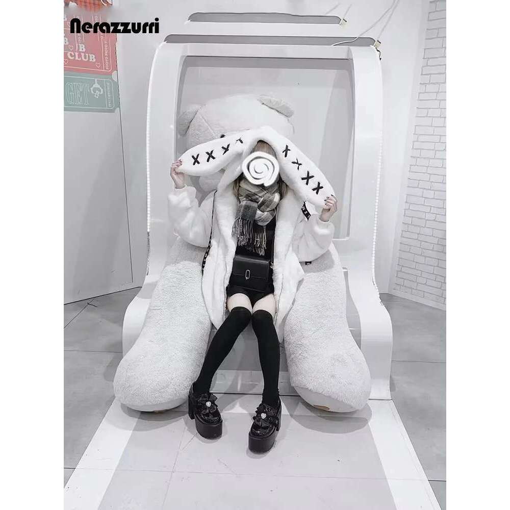 Nerazzurri Winter Sweet Kawaii Soft Thick Warm White Faux Fur Coat Women With Bunny Ears Cute Fluffy Jacket Hoodie 2024