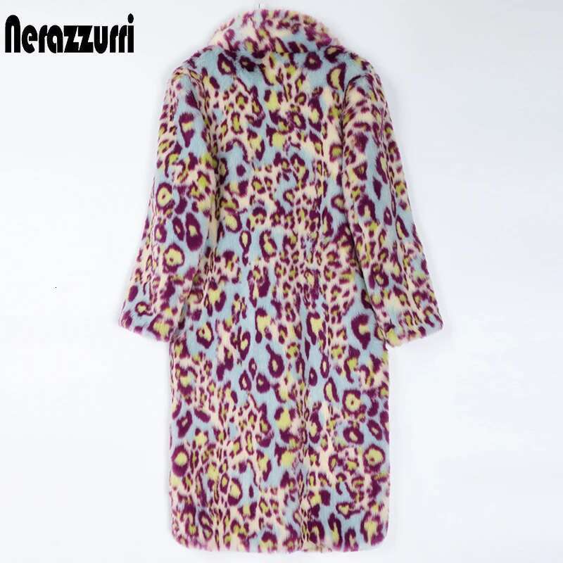 Nerazzurri Multicolor Long Colorful Leopard Print Faux Fur Coat Women Warm Thick Womens Fashions Winter Clothes 2022 5Xl 6Xl 7Xl