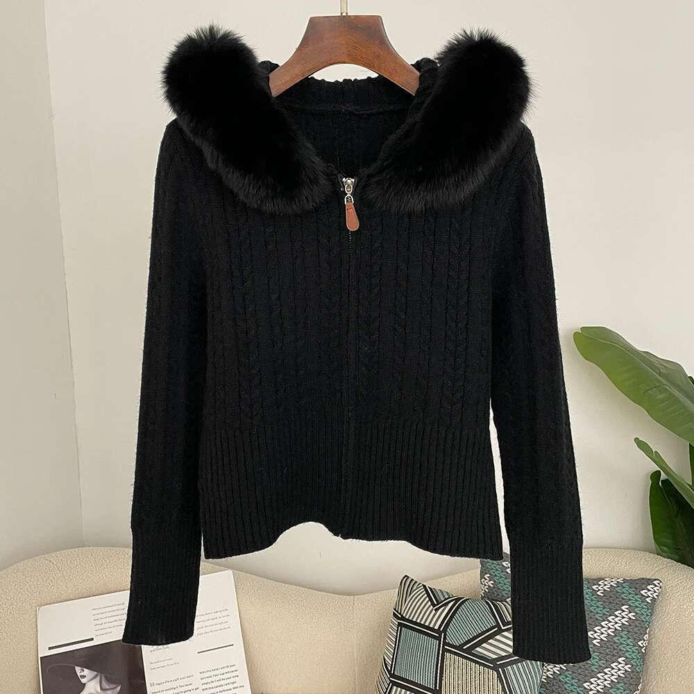 Knitwear Patchwork Real Fur Women Spring Sweet Furry Trim Hooded Knitted Cropped Cardigans Slim Zipper Sweaters Autumn Lady