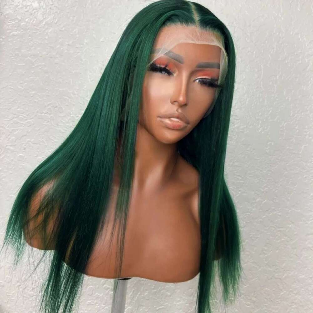 13X4 Dark Front Straight Synthetic Wig Long Green Colored Hair Lace Frontal Wigs for Women Heat Fiber