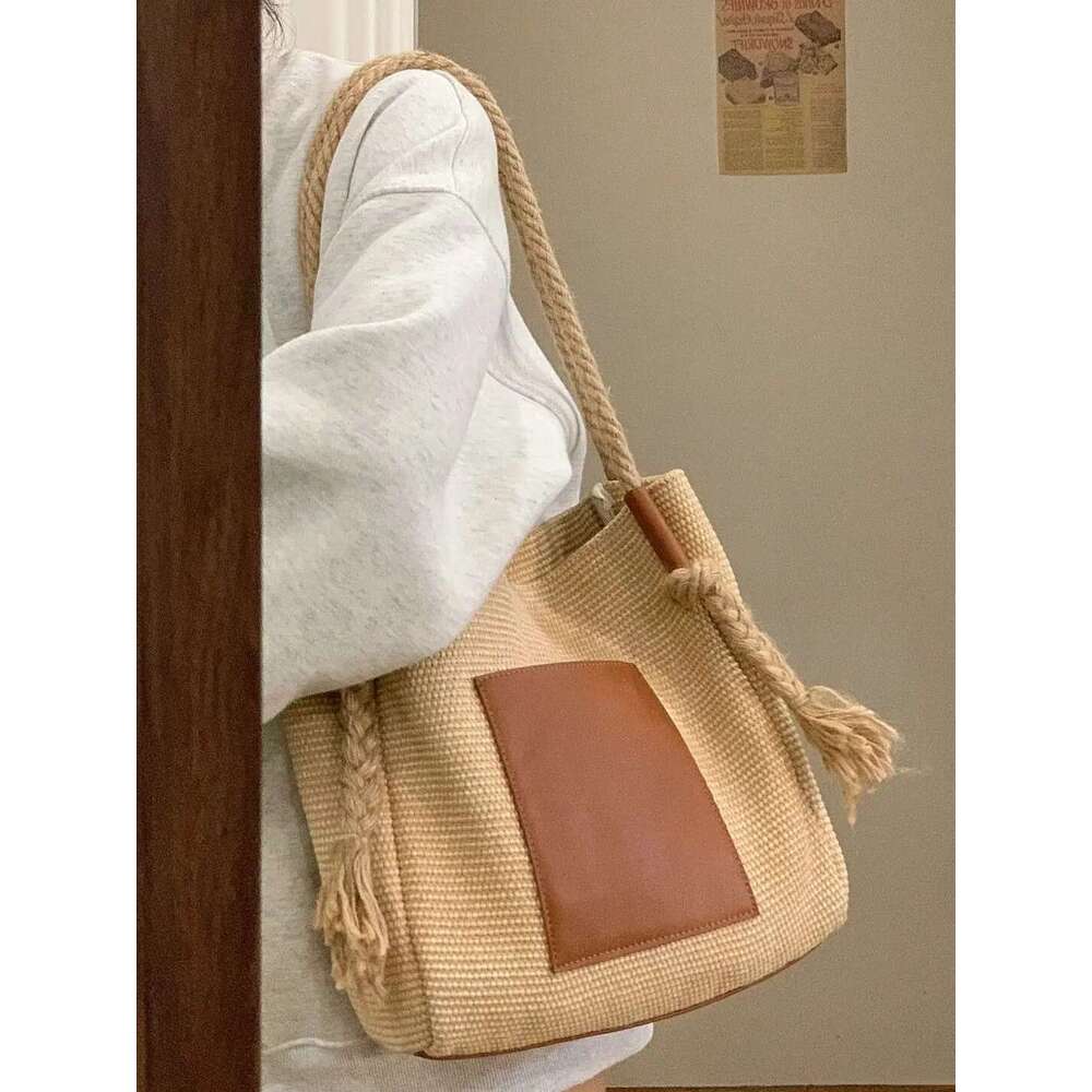 PU Leather Bucket Shoulder Bags For Women Woven Rope Hand Female Large Handle Bag Purse