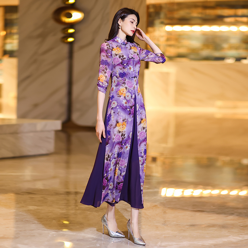 summer chinesestyle cheongsam maxi dresses for women exuding highend elegance and graceful with short sleeves printed chiffon fabric and a onepiece de