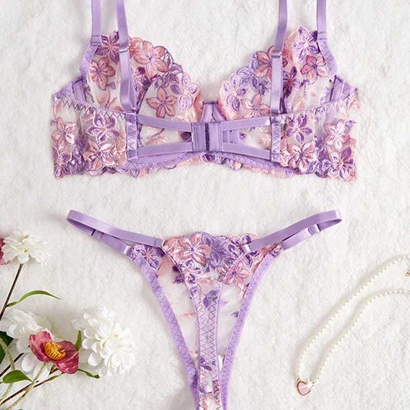 Sexy Purple Sexy Lingerie for Women Mesh Hollow Out See-Through Thin Embroidered Sexy Interesting Lace Underwear Set New R250520