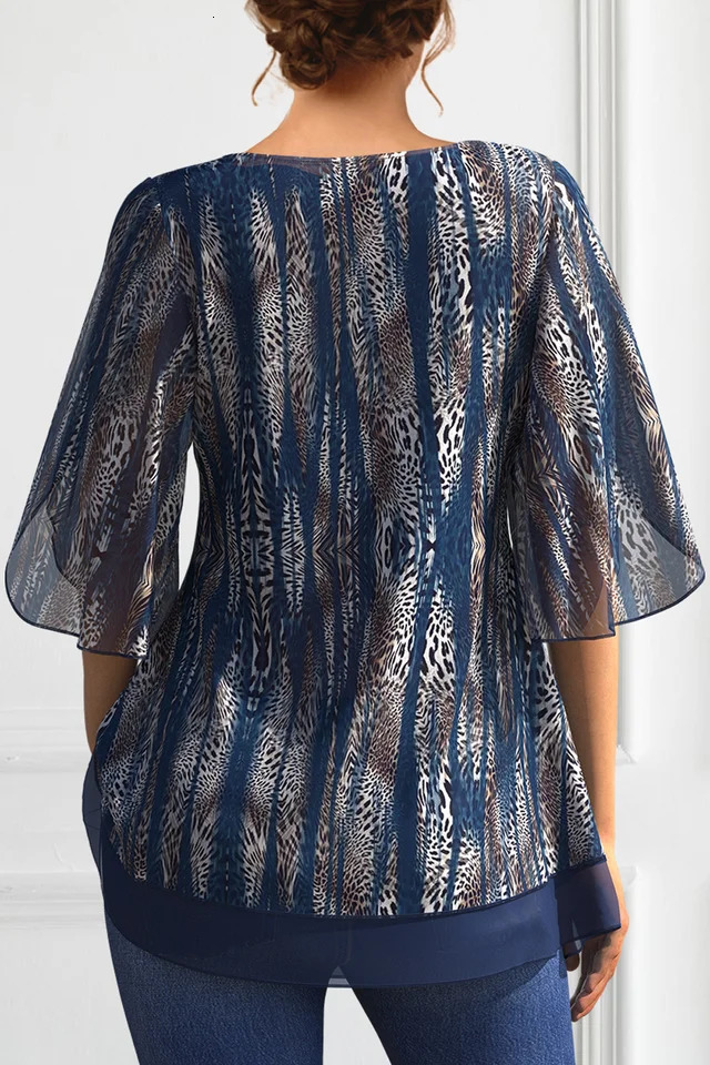 Summer Casual Tops Short Sleeve Women Blouse Plus Size Allover Leopard Print Cold Shoulder VNeck Blouses Loose Womens Clothing 250514