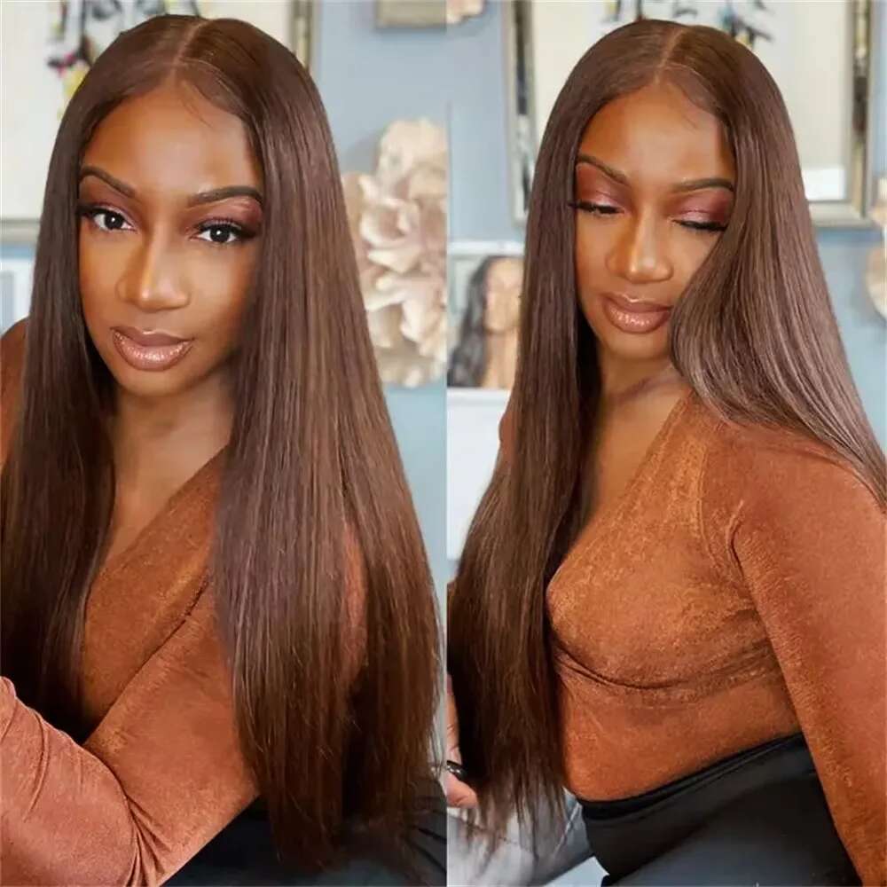 #4 Wig Chocolate Brown Straight 13X6 HD Lace Frontal Human Hair Wigs 200 Density 46 Inches For Women
