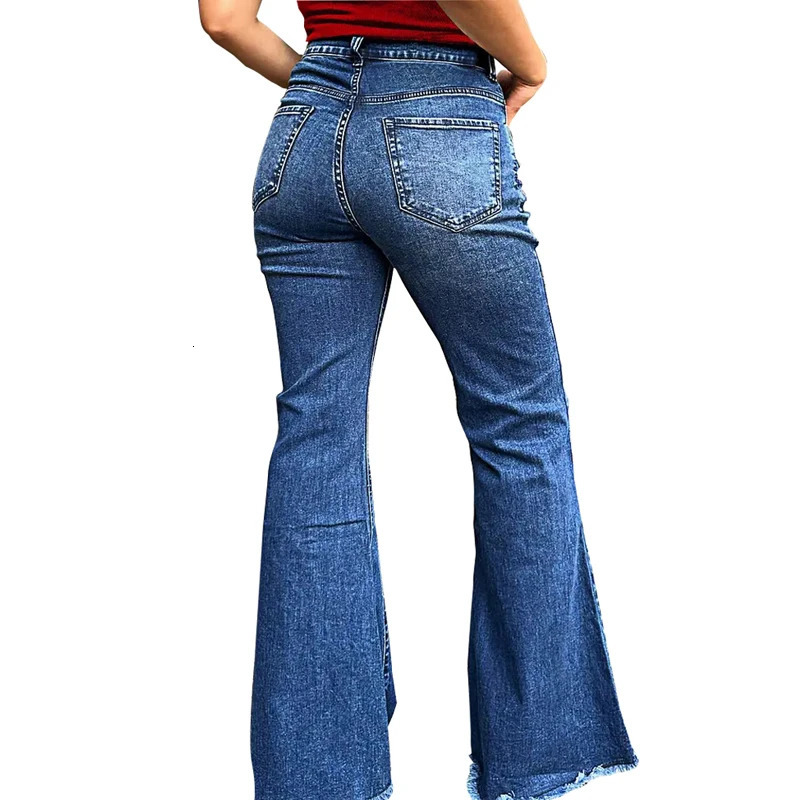 Huangs Stylish High Waist Flare Bell Bottom Jeans Curvy Seam Details Raw Hem Loose Fit Ladies Pants Western Womens Trouser T39 250520