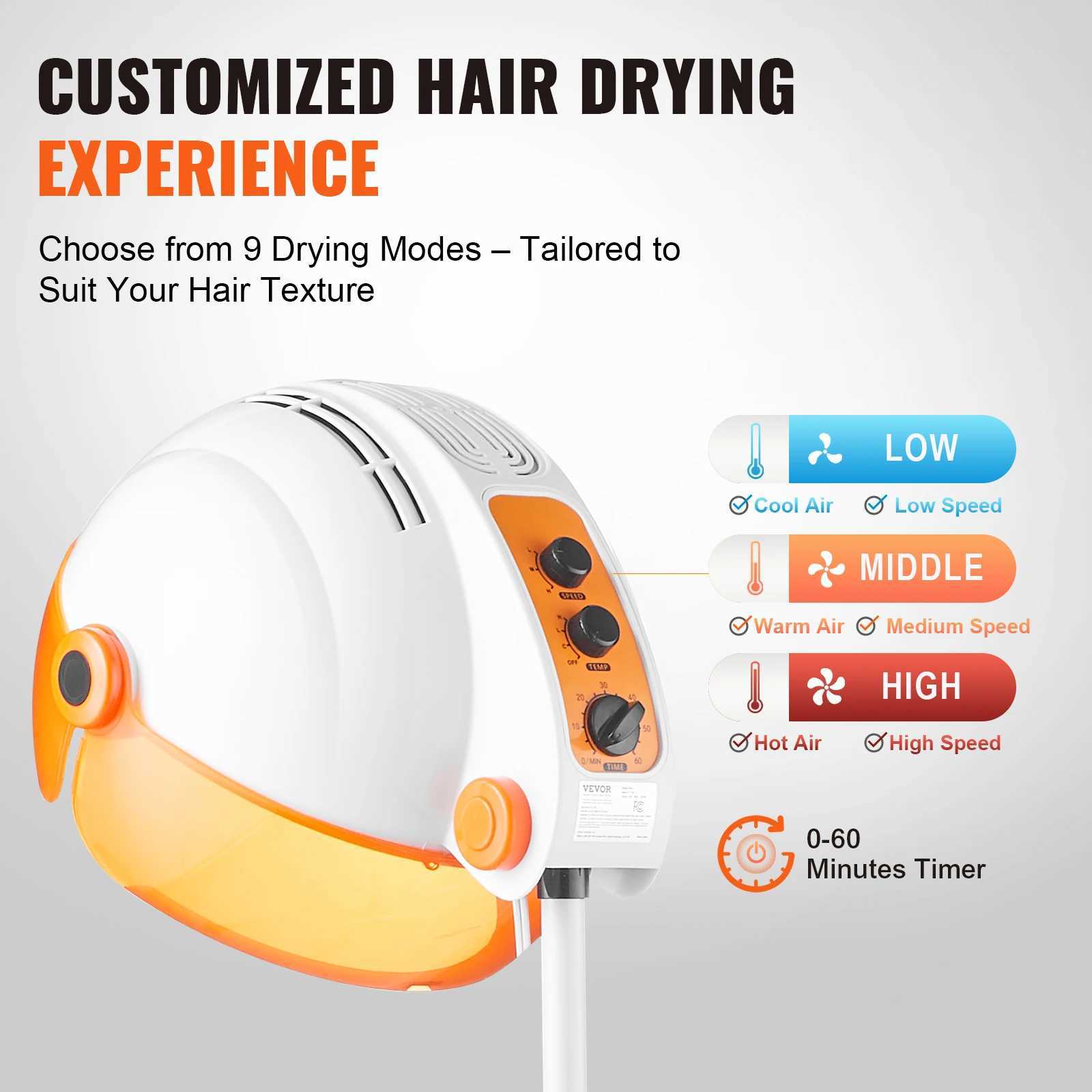 SKYSHALO Salon-Grade Hair Dryer 1875W Powerful Stand Dryer Adjustable Timer and 3 Heat/Speed Options Mobile Base with Wheels z250520