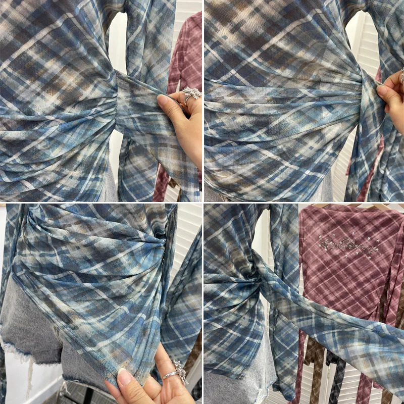Women Vintage Plaid Mesh Long Sleeve Shirt Sexy One Shoulder Backless Irregular Ribbon Y2K Short Top Partyclub Streetwear 8073 250517