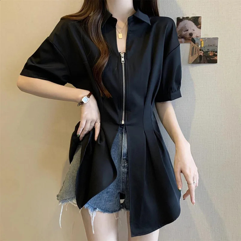 2025 Summer Short Sleeve Shirt Korean Fashion Slim Fit Zipper Blouse Woman Simple AllMatch n Turndown Collar 250516Z