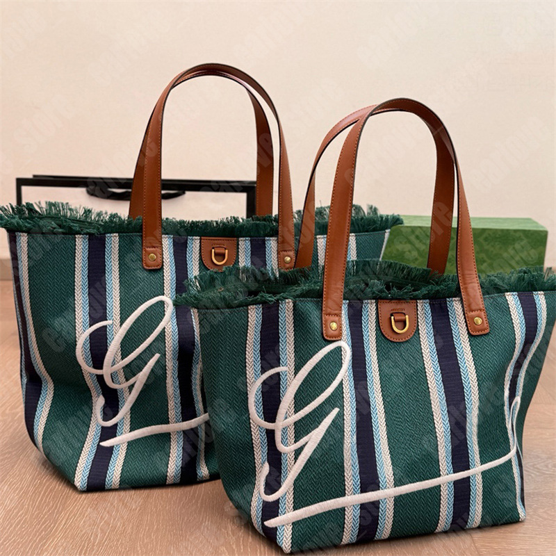 Stripe Shopping Tote Women Designer Handbag Canvas Embroidery Beach Handbags 2 Size Shopper Totes Luxury Shoulder Bags Summer Sac