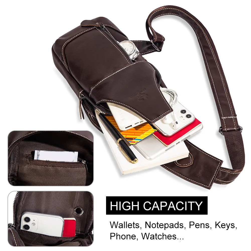 HUMERPAUL Mens Chest Bag Crossbody Pack Genuine Leather Large Capacity Casual Messenger Bag Retro Men Handbag Shoulder Bag 250519