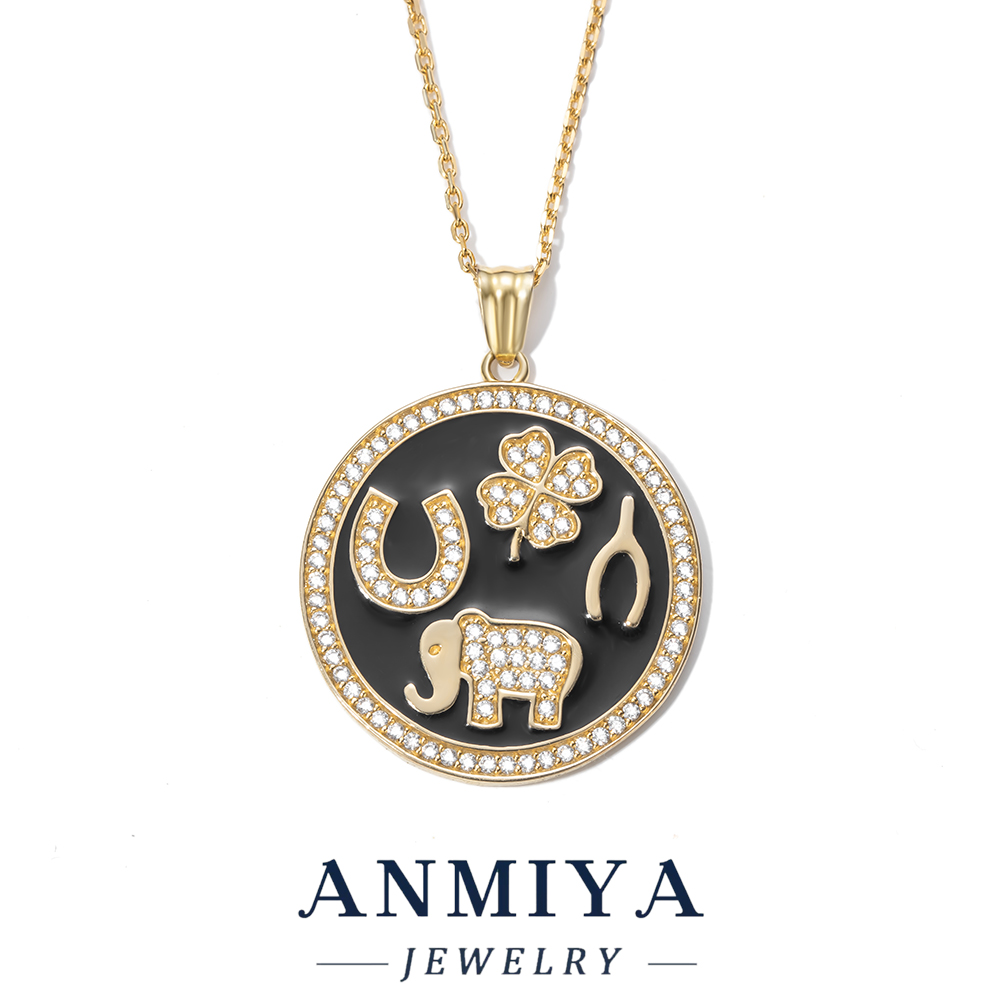 S925 Black Enamel Coin Pendant Necklace with Zircon Inlay, Blessing Pattern Jewelry, Gift Box Packaging