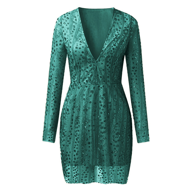 Designer's 2025 Fashionable Women's Deep V Long Sleeve Sequined Mini Dress