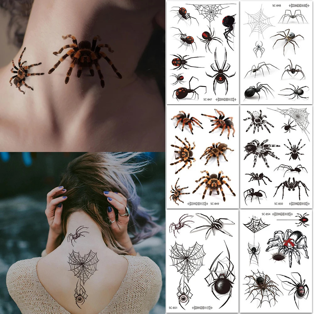 6Sheets 3D Black Spider Temporary Tattoo Stickers Dark Realistic Spider Fake Tattoo Waterproof Durable Tattoo Body Art Men Women 250515