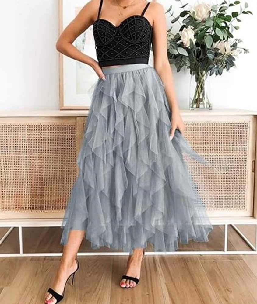 Tulle Skirts for Women Long Length Tutu Fairy Tiered Skirt A Line Mesh Elastic Waist Big Hem Black Gray Pink Beige 250520