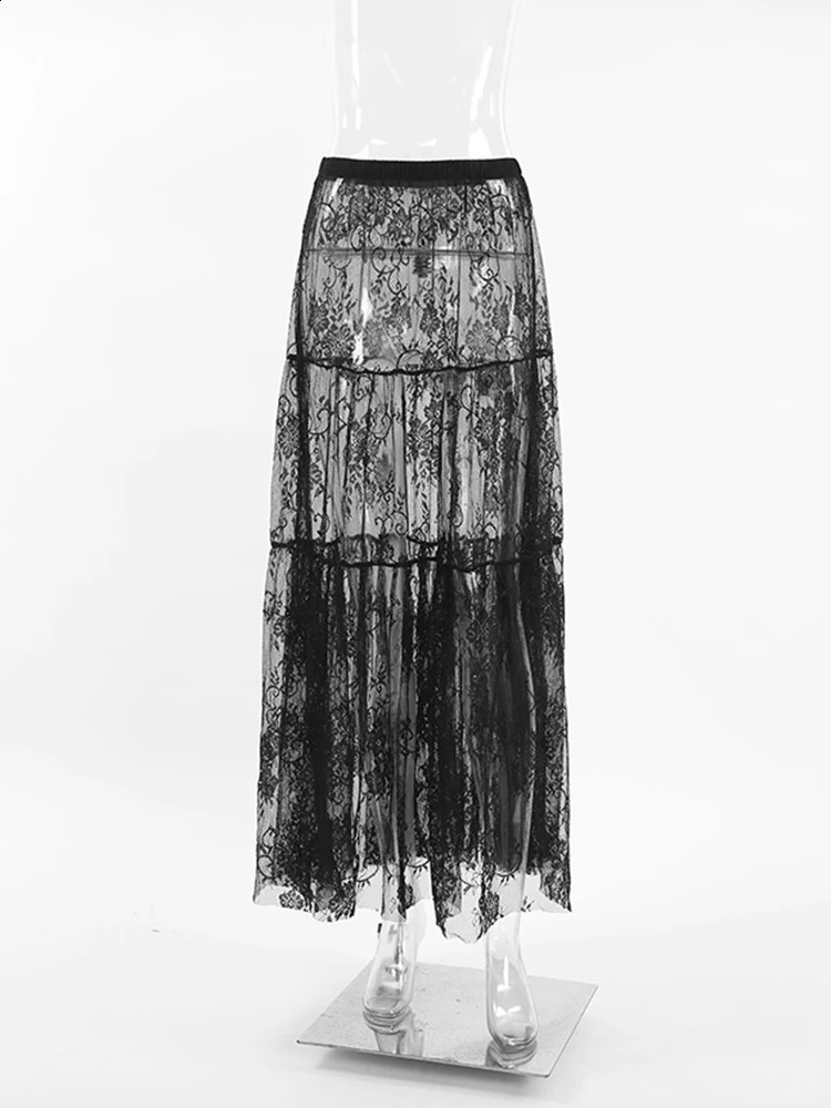 Mueyeruho 2024 Spring Summer Women Sexy Maxi Lace Skirts Solid High Waist Flare Long Skirt For 250515