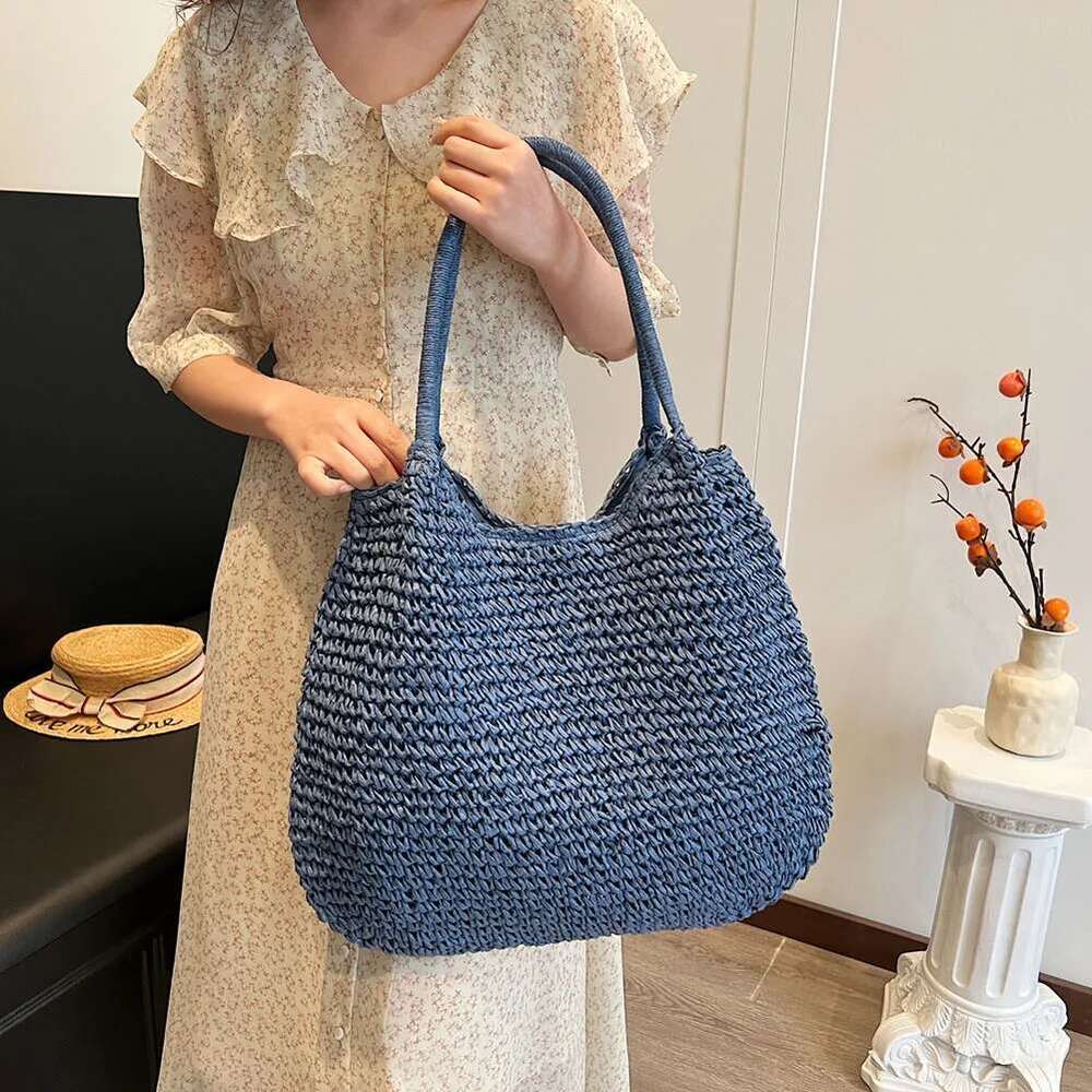 Women Crochet Beach Large Capacity Retro Straw Solid Color Simple Weaving Handbag Ladies Summer Daily Bag