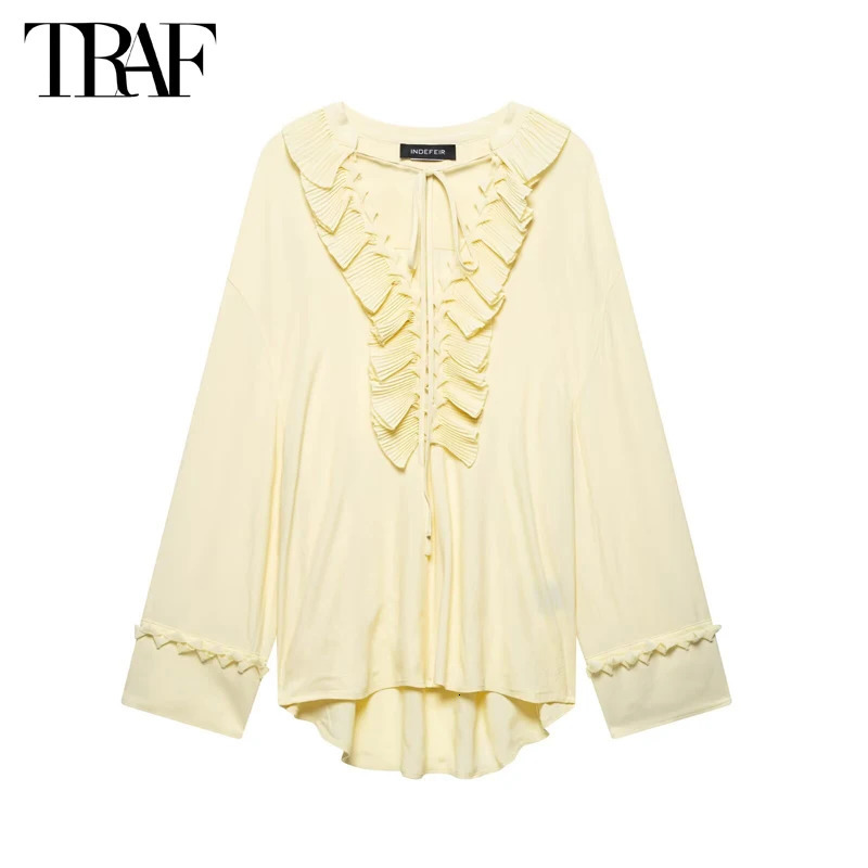 TRAF Ruffle Blouses for Women Fashion Oversized Shirts and Summer Casual Woman Long Sleeve Top 250520
