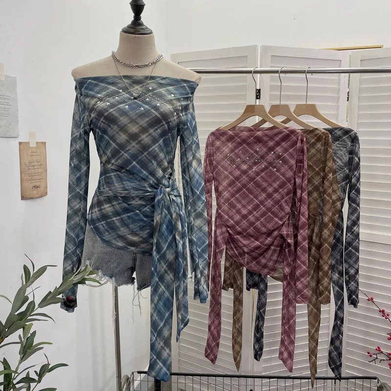 Women Vintage Plaid Mesh Long Sleeve Shirt Sexy One Shoulder Backless Irregular Ribbon Y2K Short Top Partyclub Streetwear 8073 250517
