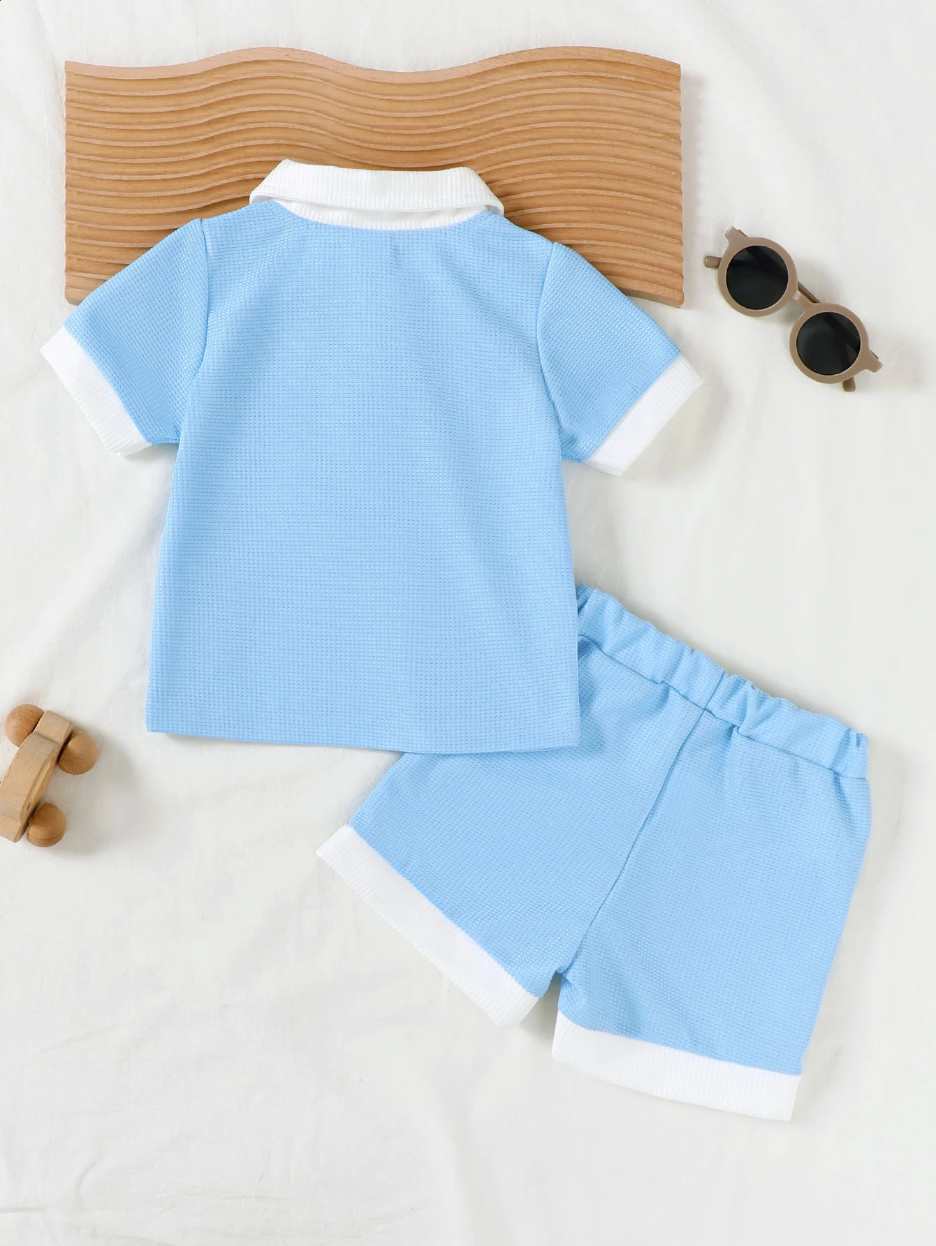 Summer Preppy Baby Boys Light Blue Matching Suit Polo Lapel Short Sleeve Pocket Shorts Two-Piece Set 250519