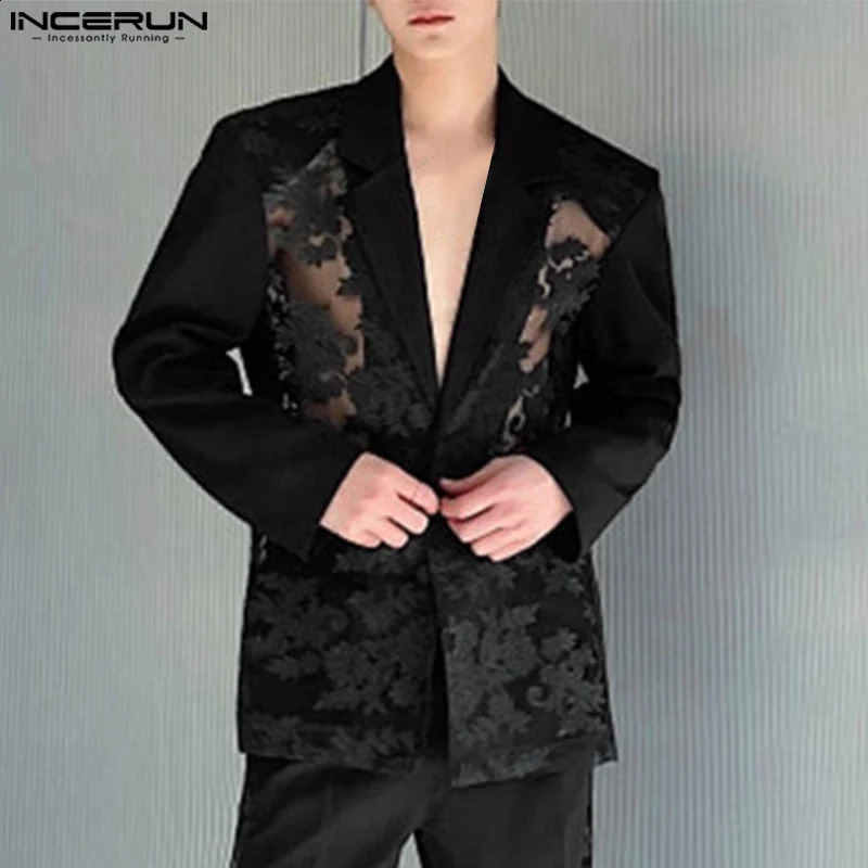 INCERUN Men Blazer Mesh Patchwork Lace Transparent Lapel Long Sleeve Casual Suits Men Streetwear One Button Fashion Coats 250519