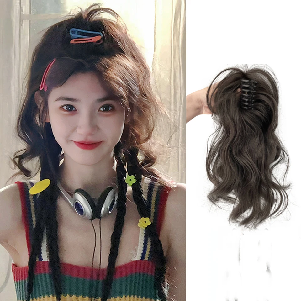 Ponytail fake hair, female simulation hair, natural grasping clip style semi tied fountain waterfall, high skull top mermaid, curly ponytail hair brai