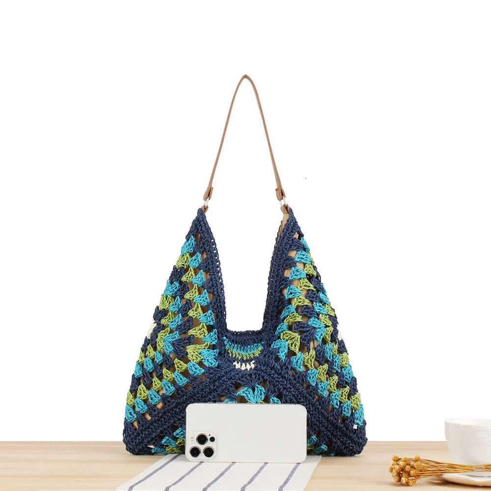 Women Summer Bag Large Capacity Crochet Hobo Bags Hollow Out Handbags Patchwork Hasp Closure For Beach Vacation