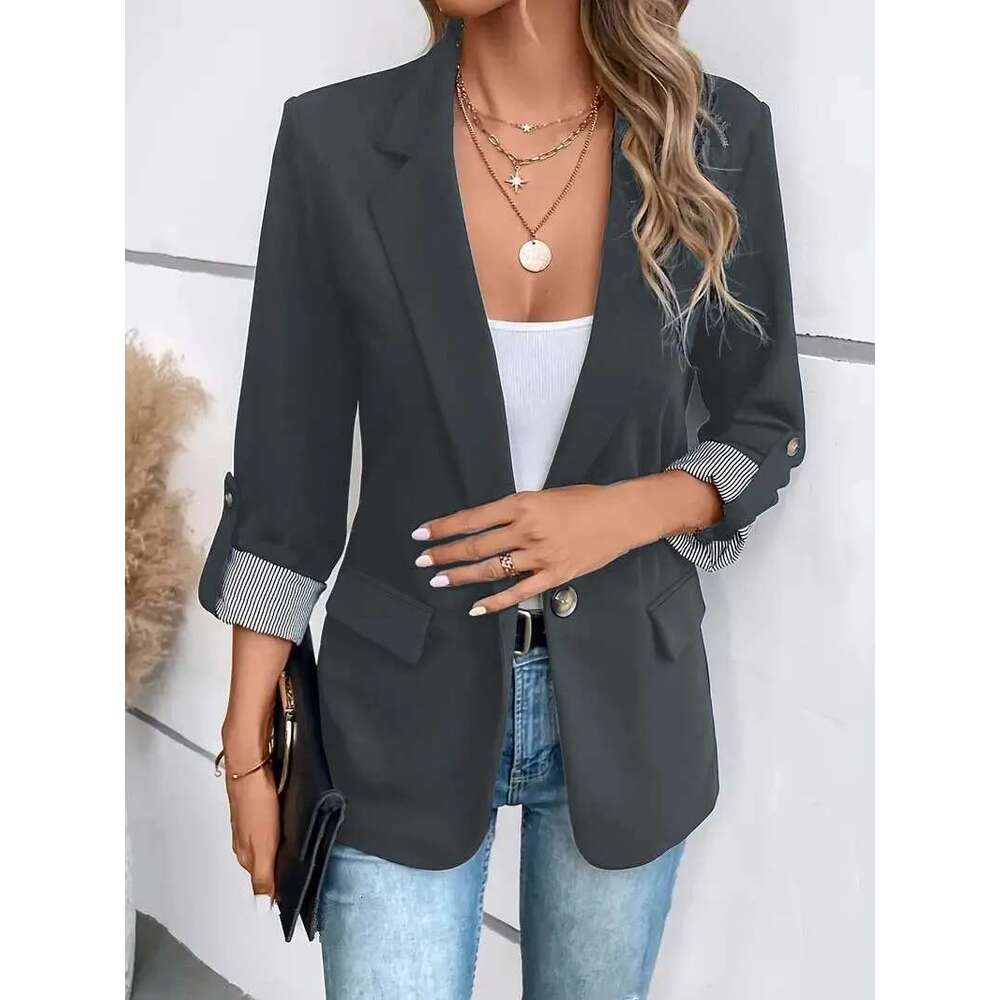 New Fashionable Casual Button Up Slim Fit Seven Quarter Rolled Sleeve Solid Color Work Office Suit Jacket
