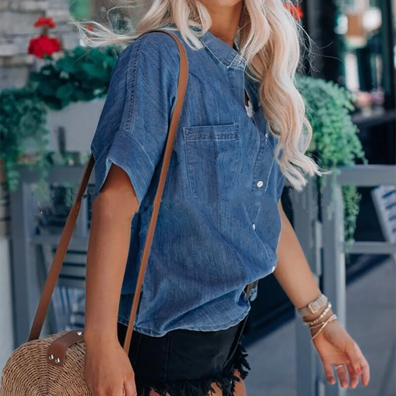 Spring Autumn Casual Chiffon Shirt Women Office Lady Shirts Denim Short Sleeve Loose Solid Color 250516Z