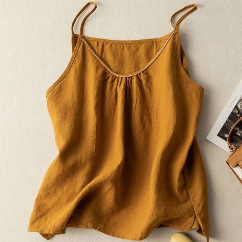 Fashion COTTON Linen Spaghetti Strap Tank Solid Versatile Women Top New Summer 2024 Casual Loose Retro Black Tanks & Camis